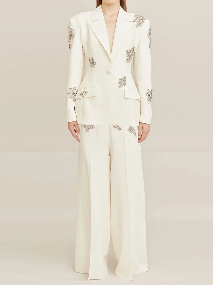 HIGH QUALITY est 2026 Suit Women Beaded Diamonds Single Button Suit Blazer Wide-leg Pants Set 2PCS 260610