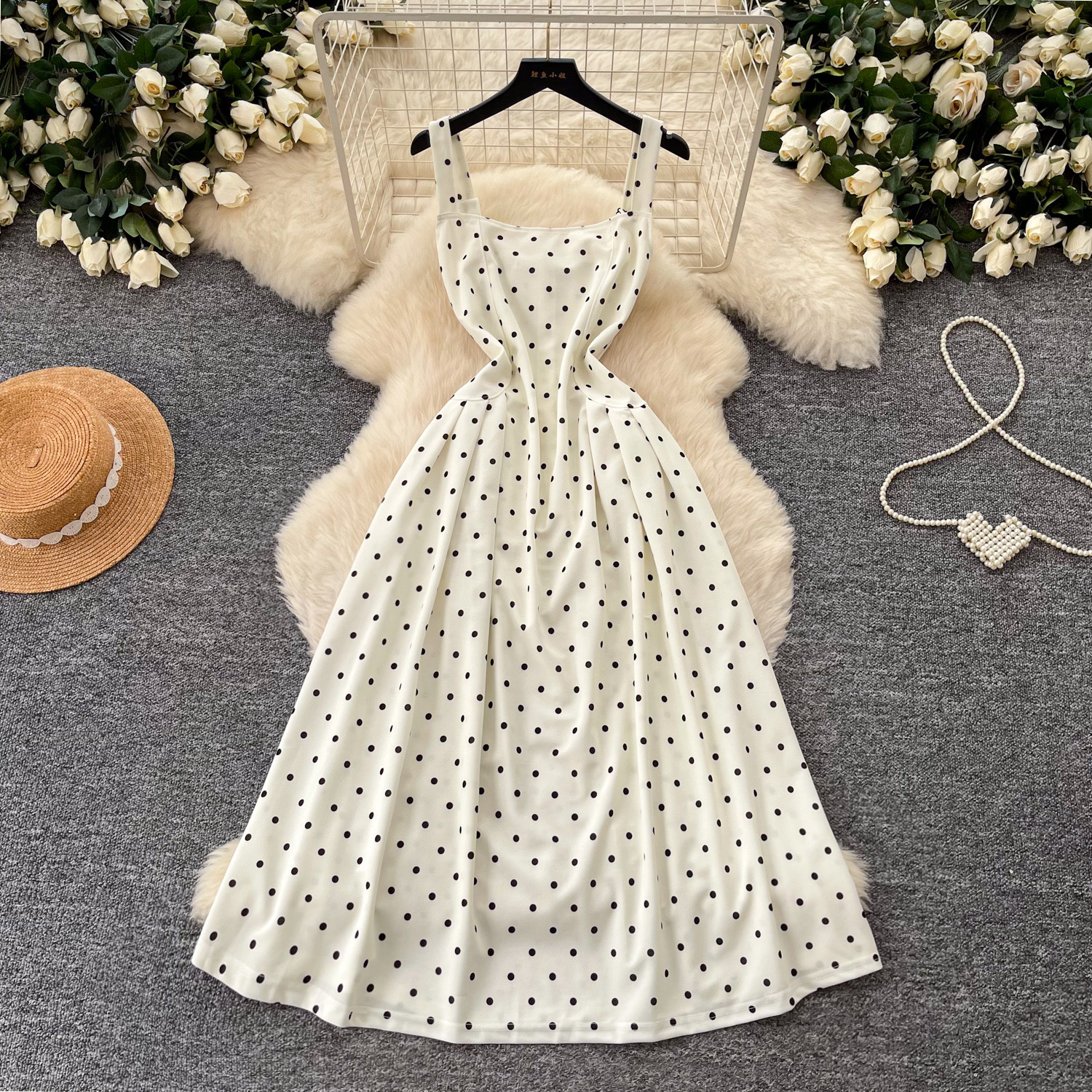 French polka dot suspender pure desire dress women's summer Korean version sleeveless waist thin temperament long dress vacation style