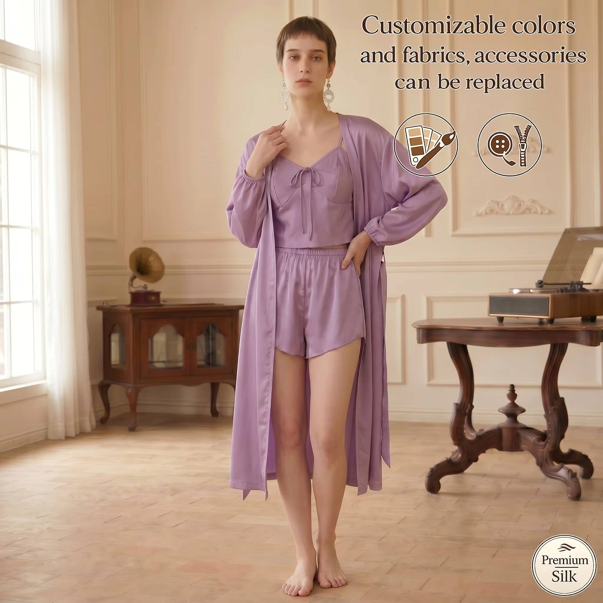 Purple Three-Piece Camisole Set, Luxurious Ice Silk Robe With Belt, Women's Home Pajama Set