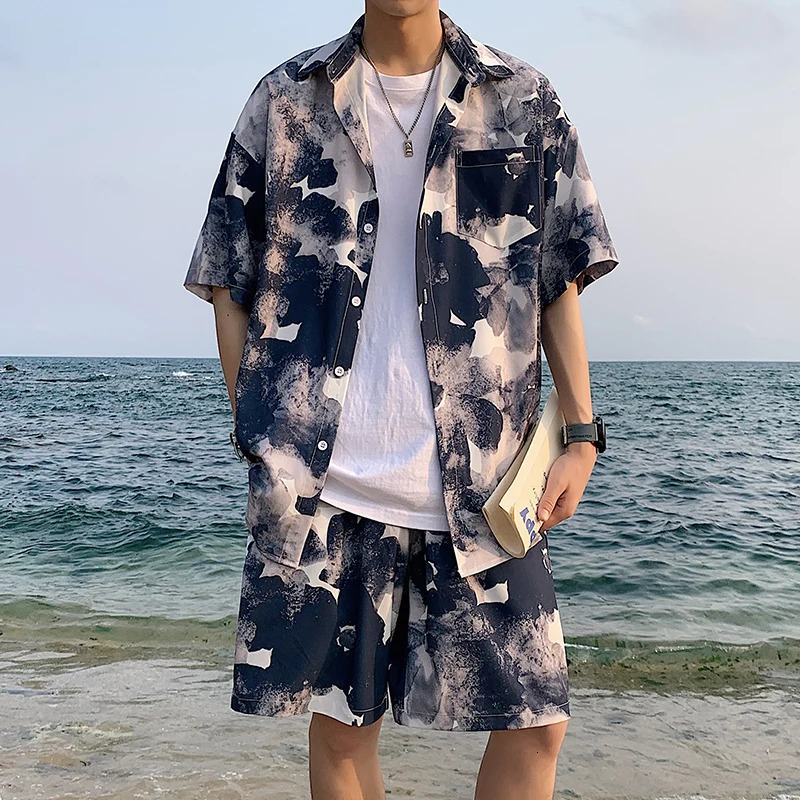 Summer Men Shorts Set Matching Shirts Letter Striped Floral Printing Outfits Short Sleeve Elastic Waist Thin Oversize Suit Man 260612