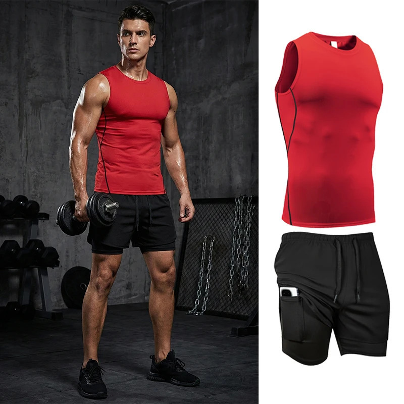 Mens Workout Running Athletic Clothing Set Sleeveless Compression Shirt Tank Top 2-in-1 Gym Shorts with Phone Pocket Towel Loop 260611