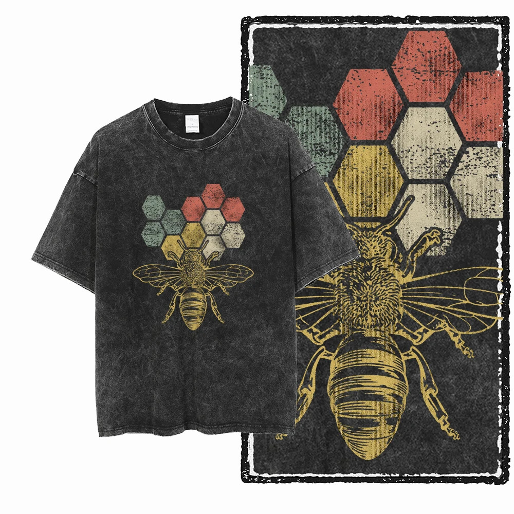 DE BEES Printed Acid Washed Cotton Exclusive Graphic Unisex T Shirt Cool Vintage Streetwear Men Tshirts Big Size Tee for men 260612