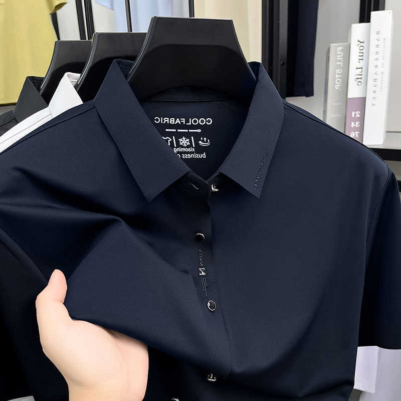 short High end brand mens sleeve shirt fashion new letter embossed summer solid color business casual ice silk breathable top M260612
