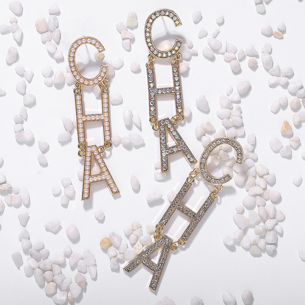 Popular fashion luxury designer exaggerated big Letter pearl CHA long drop dangle chandelier stud earrings for women gold silvers