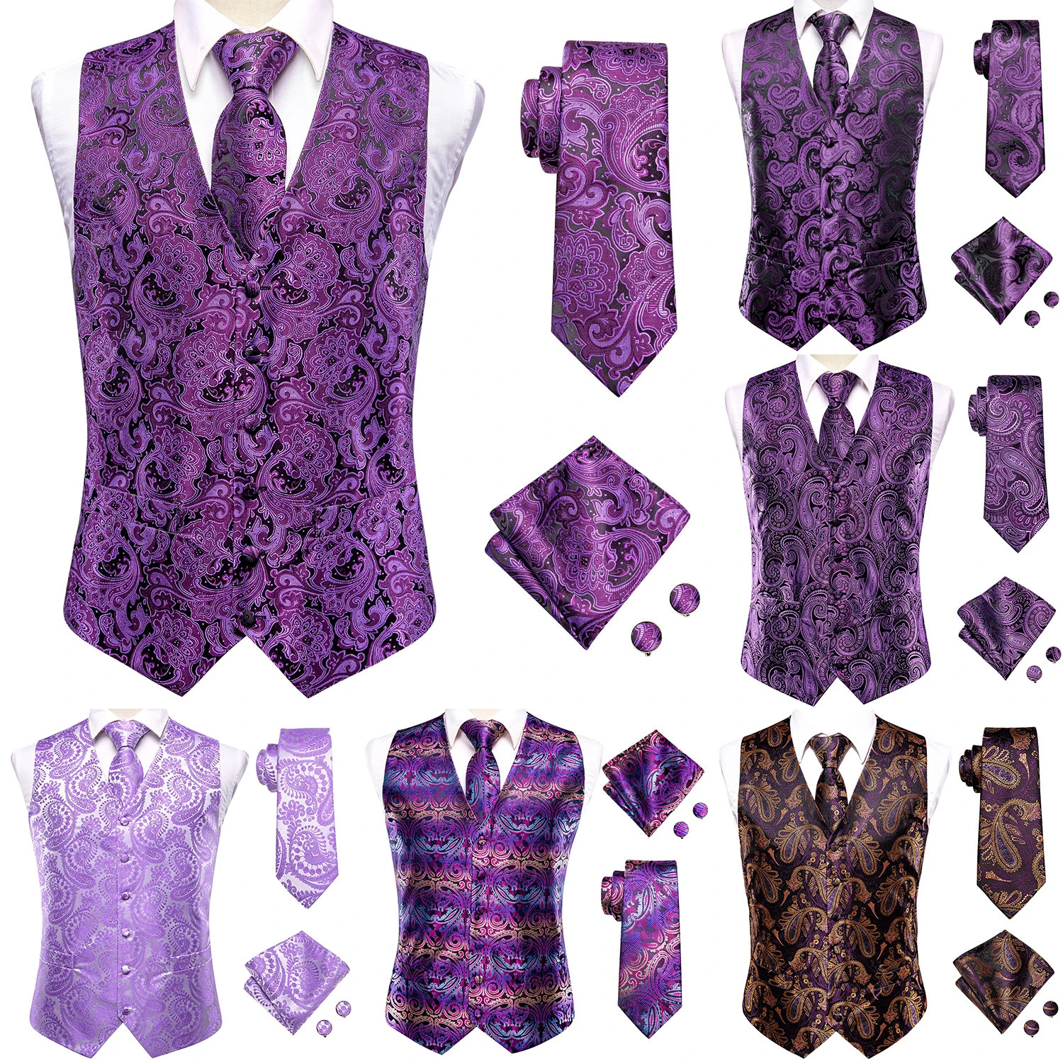 Lilac Lavender Purple Silk Mens Waistcoat Tie Set Sleeveless Jacket Suit Vest Necktie Hanky Cufflinks Wedding Business Oversized 260611