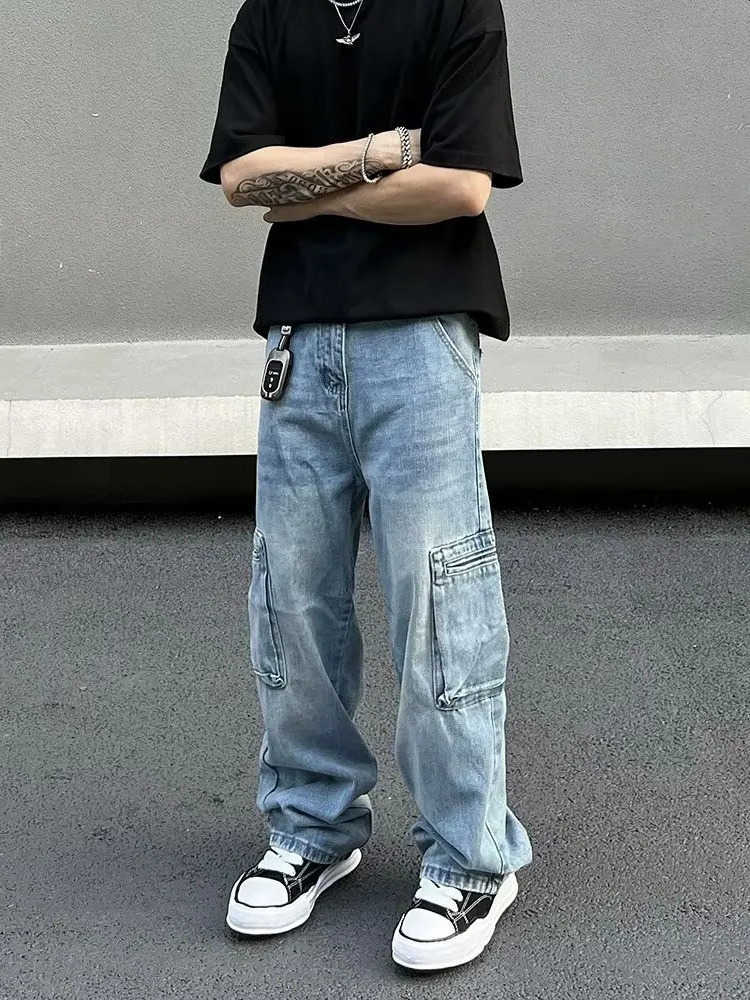 Y2K Ropa Multi Pockets Washed Blue Baggy Jeans Cargo Pants For 90S Vintage Clothes Straight Denim Trousers S260612