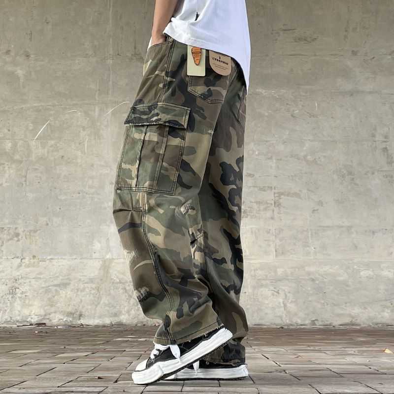 American street retro loose straight camouflage overalls mens heavy washing water handmade patches cut trendy military pants Q260612