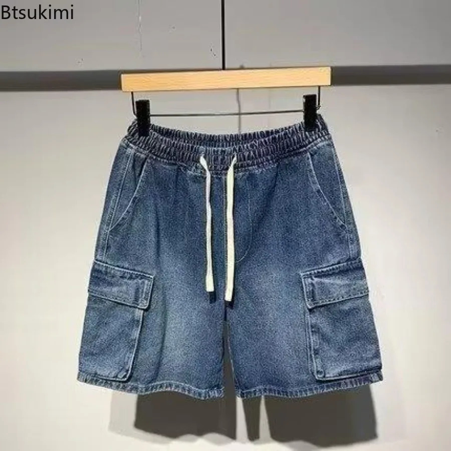 2026 Summer Mens Denim Cargo Shorts Outdoor Casual Wideleg Jeans Elastic Waist Sports Breathable Couple Daily Baggy 260611