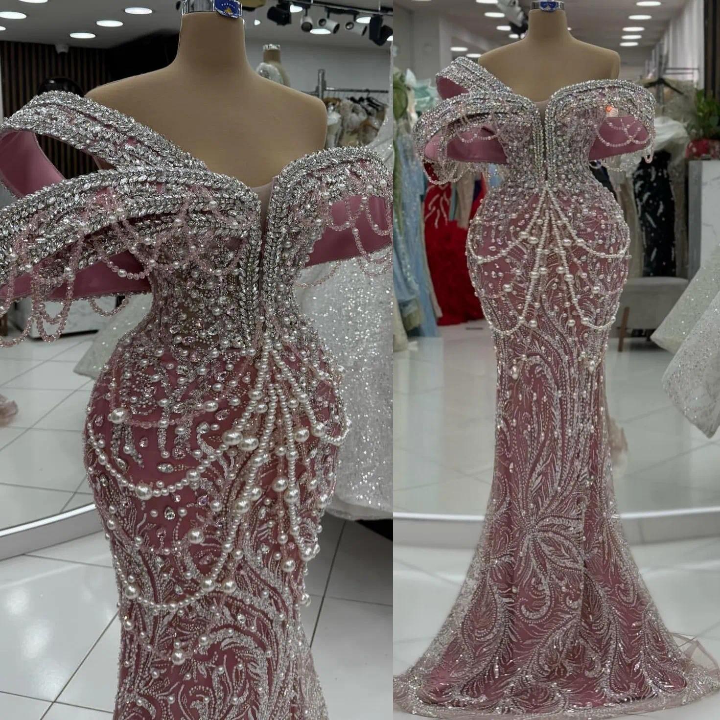 Blush Pink Mermaid Prom Dresses 2026 Pearls Crystals Stylish Evening Formal Party Second Birthday Engagement Gowns Plus Size Dress For Special Occas