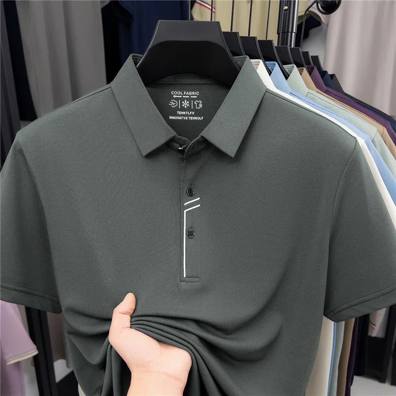 Mens Business Style Polo Shirt Cool Fabric Wrinkle Resistant Short Sleeve Top For Office Work 260604