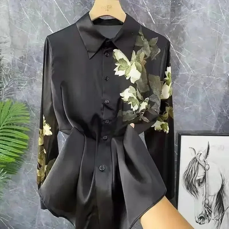 Satin Womens Shirts Silk Prints Vintage Blouses Polo Necks Clothing SpringSummer Long Sleeves Loose FASHION Tops 260527