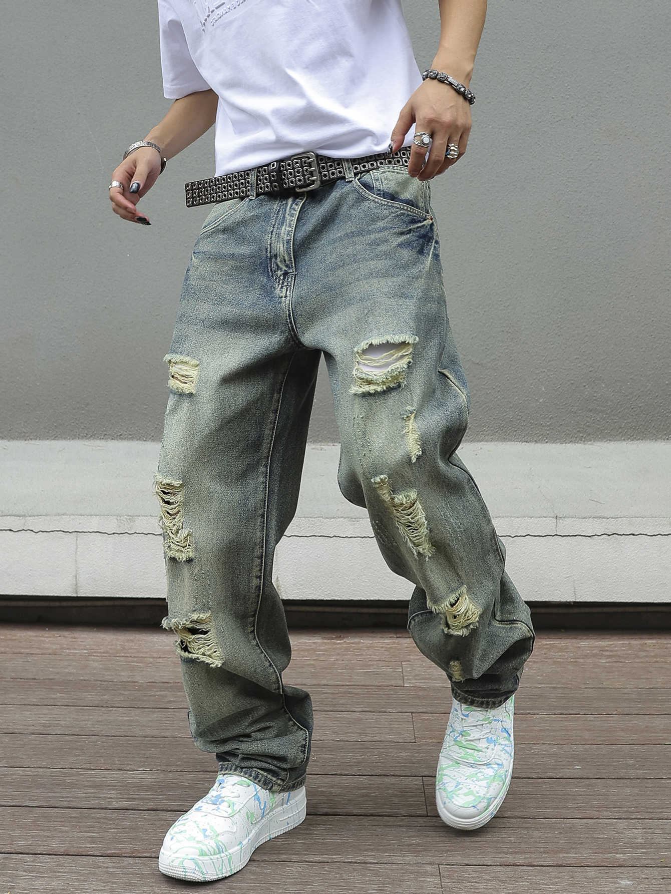 Y2K Distressed Skinny Jeans for Men Ripped Vintage High-Waisted Hip-Hop Streetwear Style Q260612