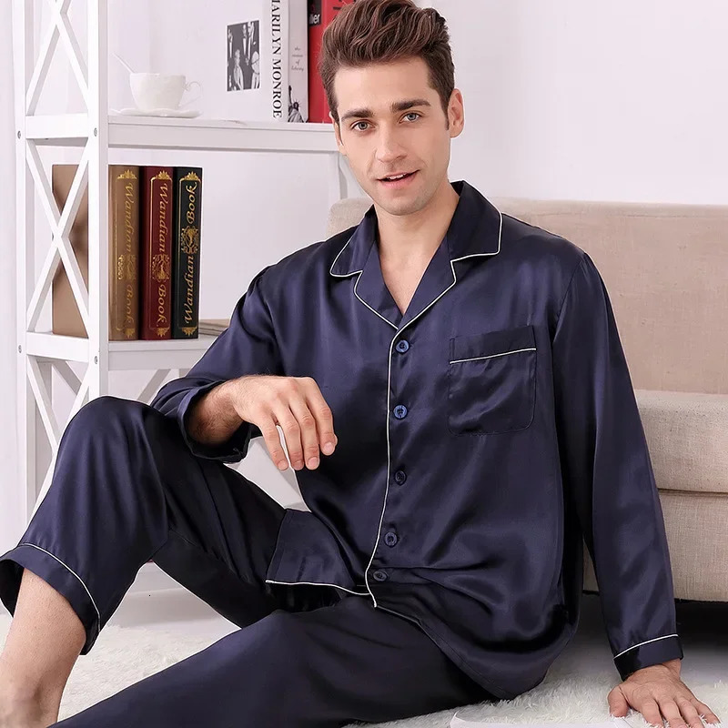 100 Mulberry Silk Pajamas Spring and Summer Long-sleeved Two-piece Set Mens Home Wear Silk Suit Sleepwear Nightwear 260605