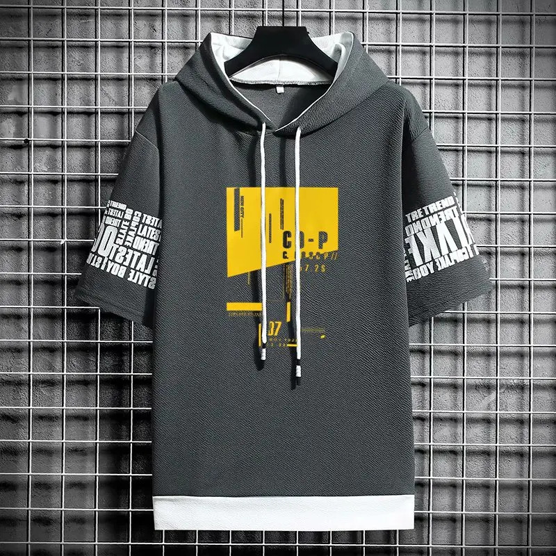 Korean Style Mens Hoodies Fashion Streetwear Half Sleeve Hooded Sweatshirts Men Casual Harajuku Prints Clothing 260612