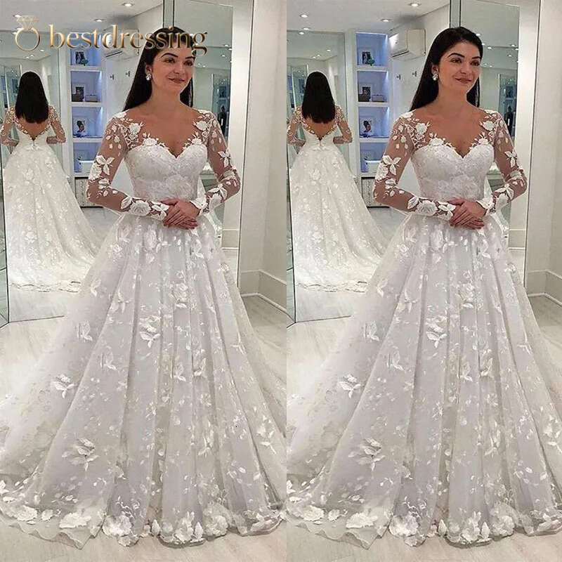 Long Sleeves Wedding Dresses Cheap Woman Dress V Neck Lace Applique A Line Bride Ball Gown Size 2 4 6 8 10 Bd612