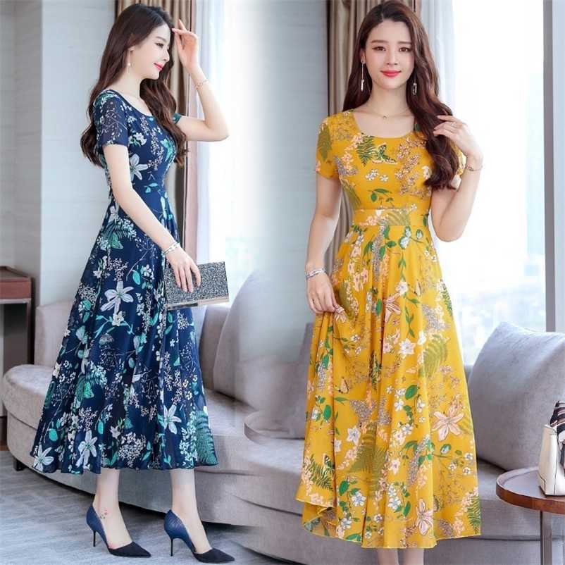 Dresses Casual summer dress womens Casual Short Slve temperament large yellow red flower round neck dress S260612