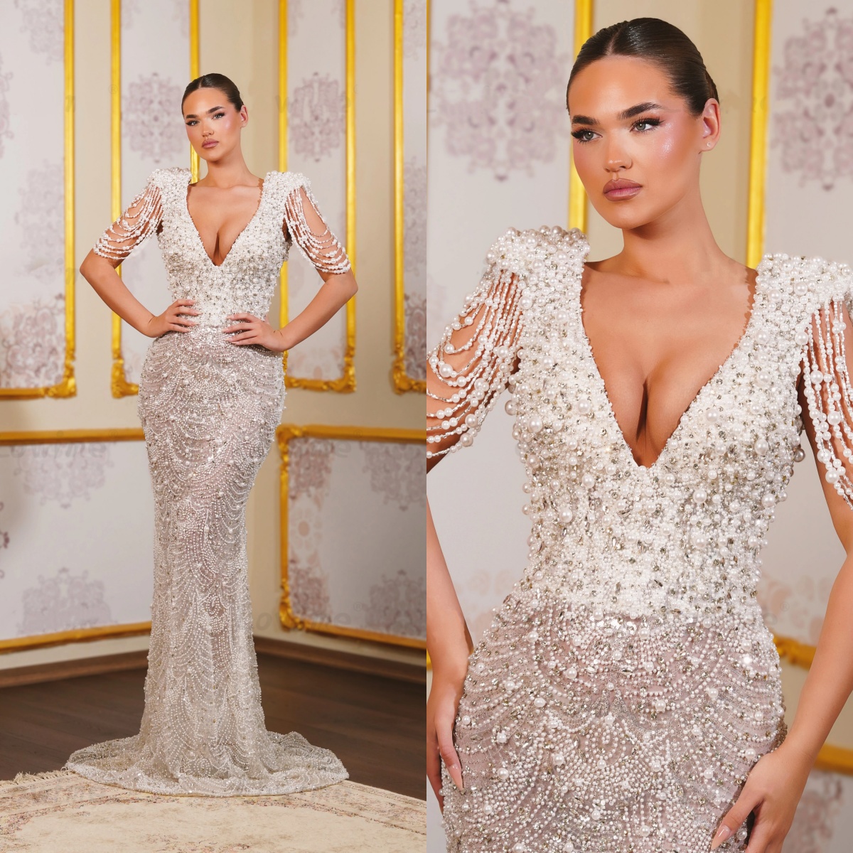 Gorgeous Mermaid Evening Dresses V Neck Sleeveless Gown Pearls Rhinestone Beaded Sequins Sweep Train Dress Party Customized vestidos de novia