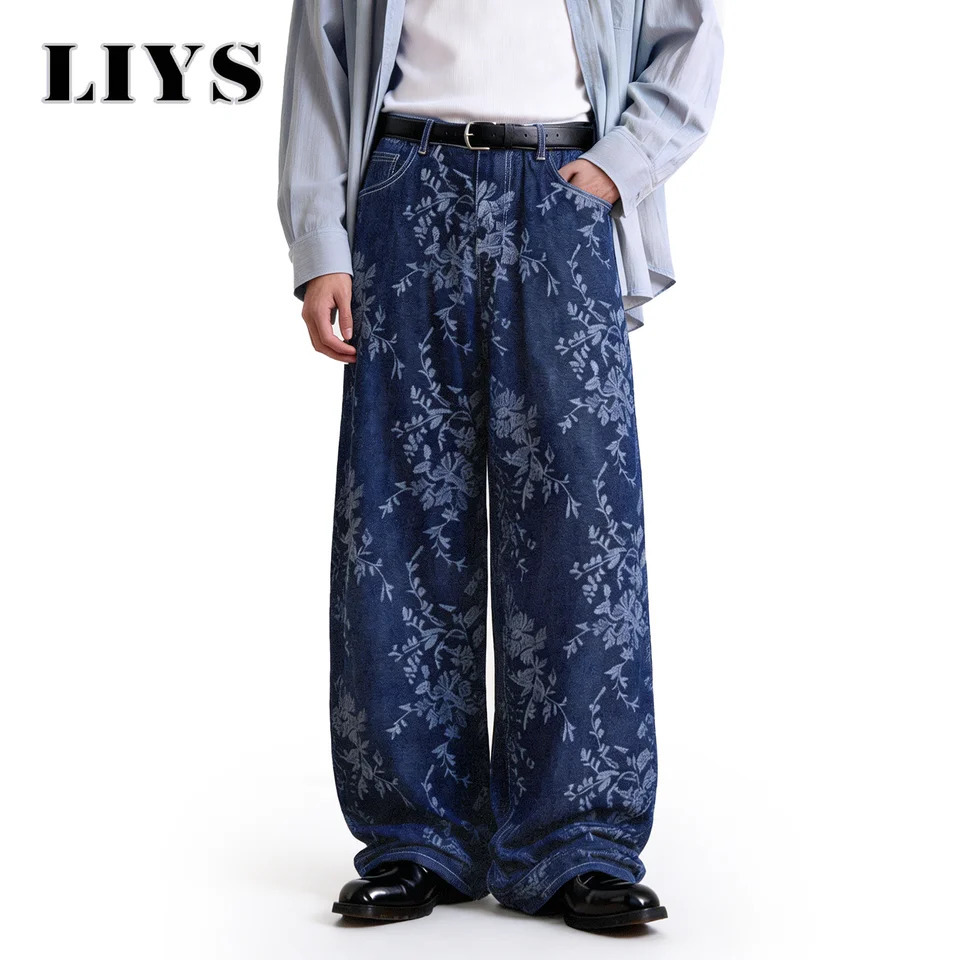 LIYS Japanese Korean Style Orchid Jacquard Fabric Baggy Wide-leg Jeans American Retro Jacquard Wide-leg Casual Denim Pants 260610