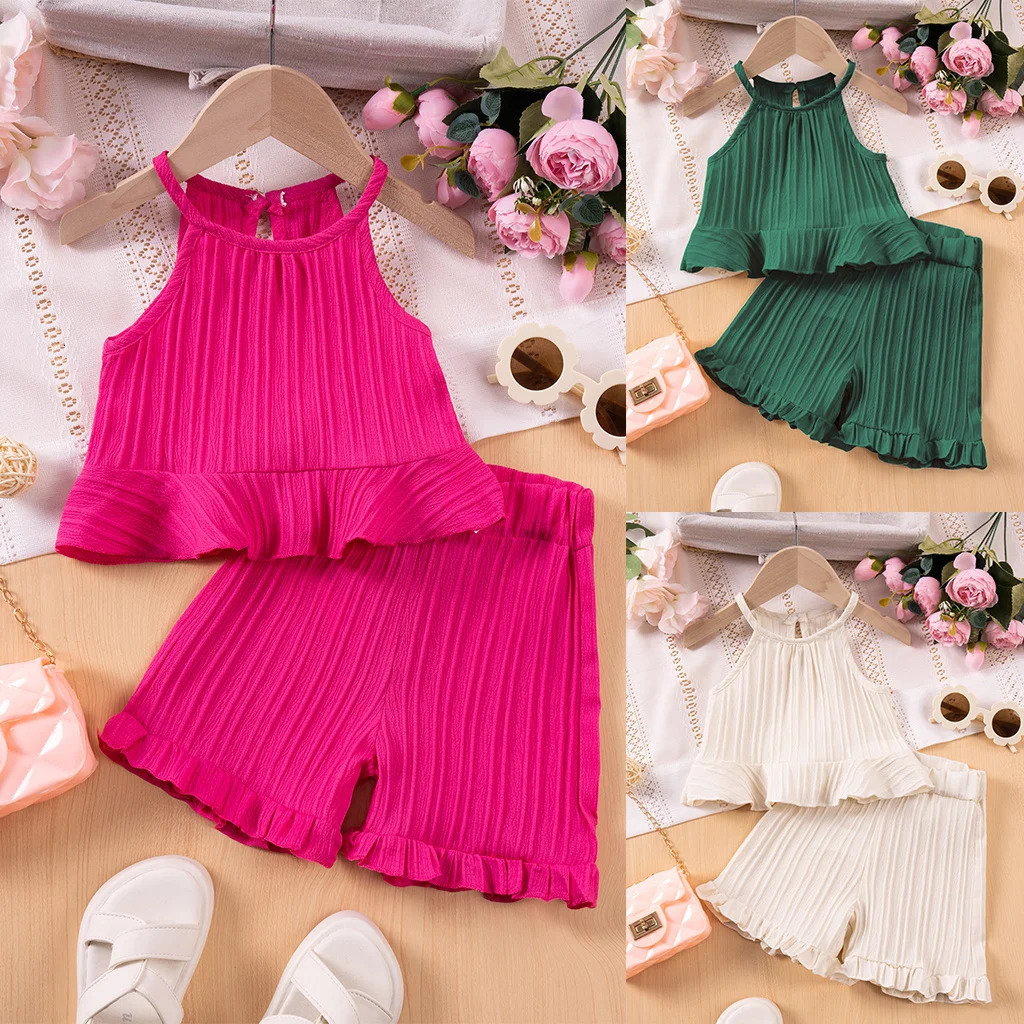 Girls Summer Fashion Sets Sleeveless Ruffle Tank Top Shorts Solid Color TwoPiece Outfit for Toddler 260612