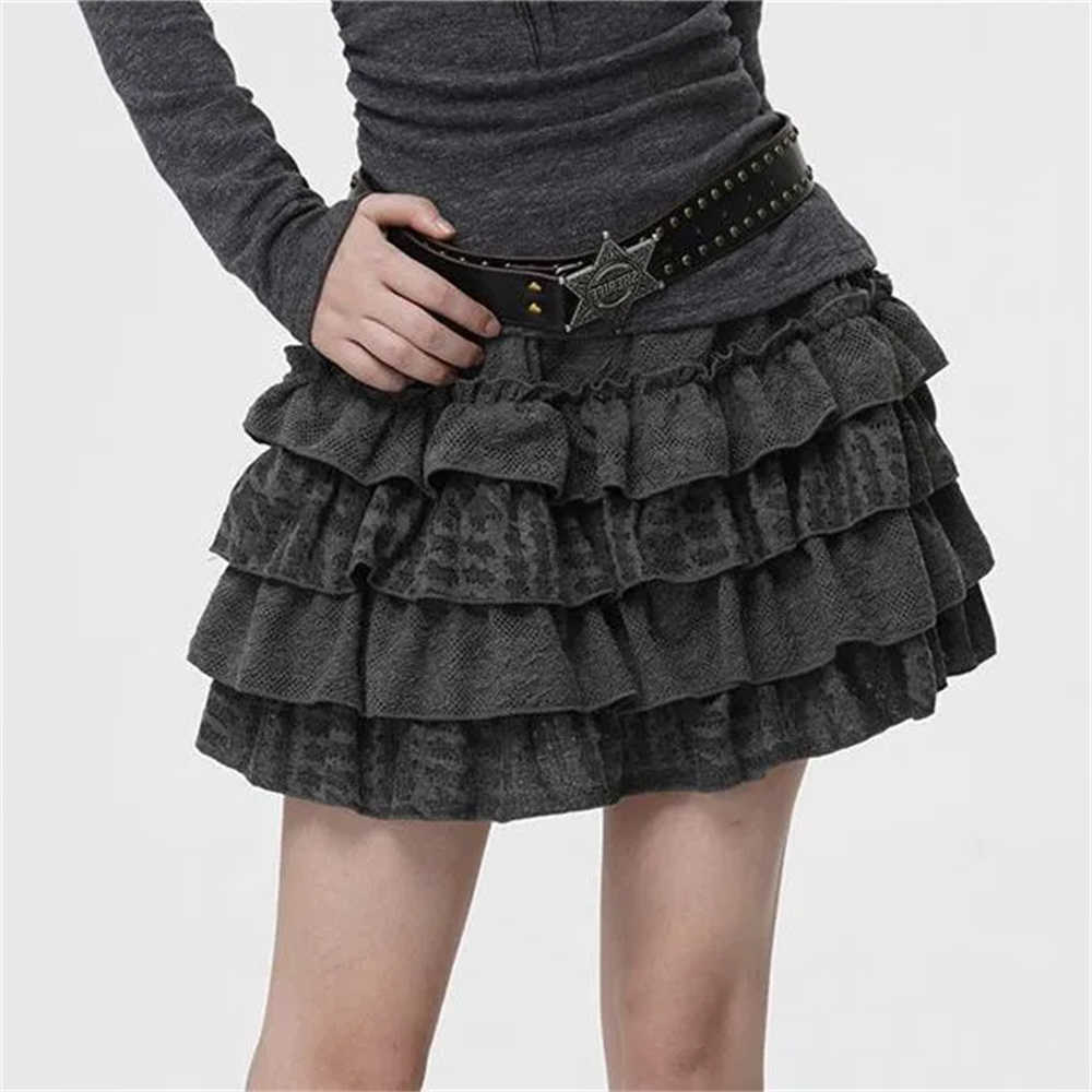 Ruffle Gray Leopard Print Women Skirts Vintage Gothic Harajuku Grunge Mini Skirts Kawaii Sweet Casual Fashion Cake Layered Skirt M260612