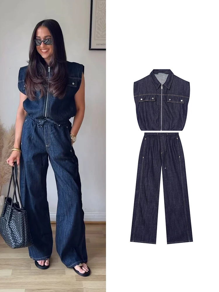 TFMLN Fashion Ladies High Street Denim Trouser Set Lapel Sleeveless Vest Zipper Coat Elastic Waist Wide Leg Pants Chic Sets 260608