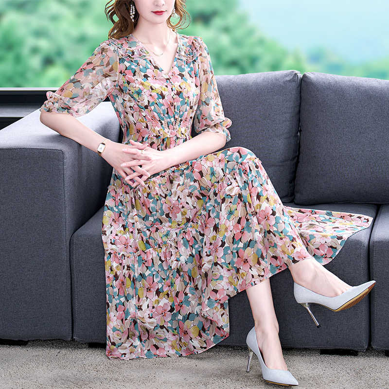 Dresses Casual Beach Midi Floral Spring Summer Dress Women Tunics Elegant Bodycon Boho Party Chiffon Casual Prom Evening Dresses S260612