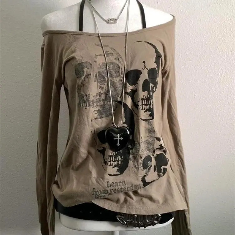 Street tie Grunge Harajuku Skull Printed Vintage Tshirts Women Y2k Aesthetics Bodycon Casual Tees Off Shoulder Punk Tops 260612