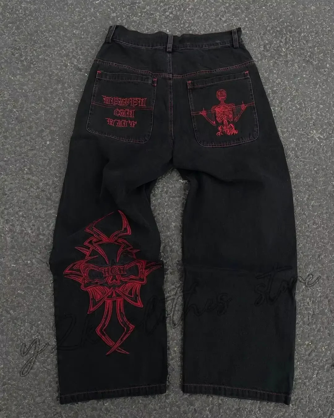 Jeans Y2K con ricamo teschio retrò da uomo pantaloni larghi in denim lavato hip-hop dritto pantaloni larghi casual a gamba larga streetwear 260611