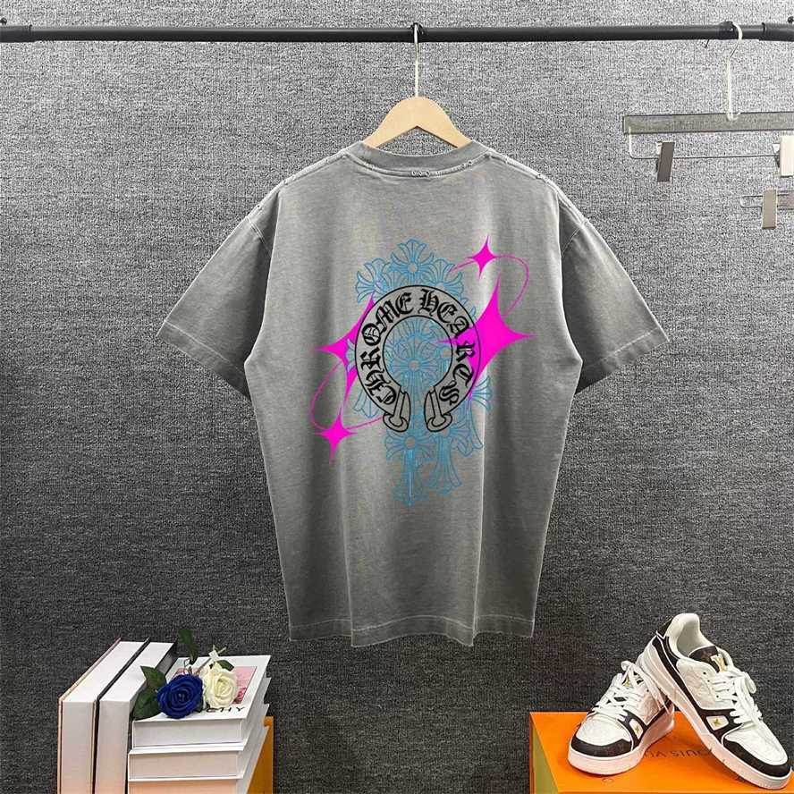 Correct version of CH Chrome Summer Washed Distressed Printed Short Sleeve T-shirt for couples{category}{category}4WSA