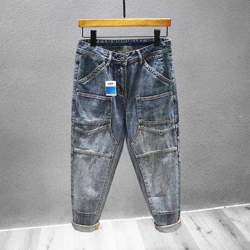 Vintage American Cargo Stitching Jeans Mens Slim Elastic Washed Dilapidated Y2k Trousers Denim Pants S260612