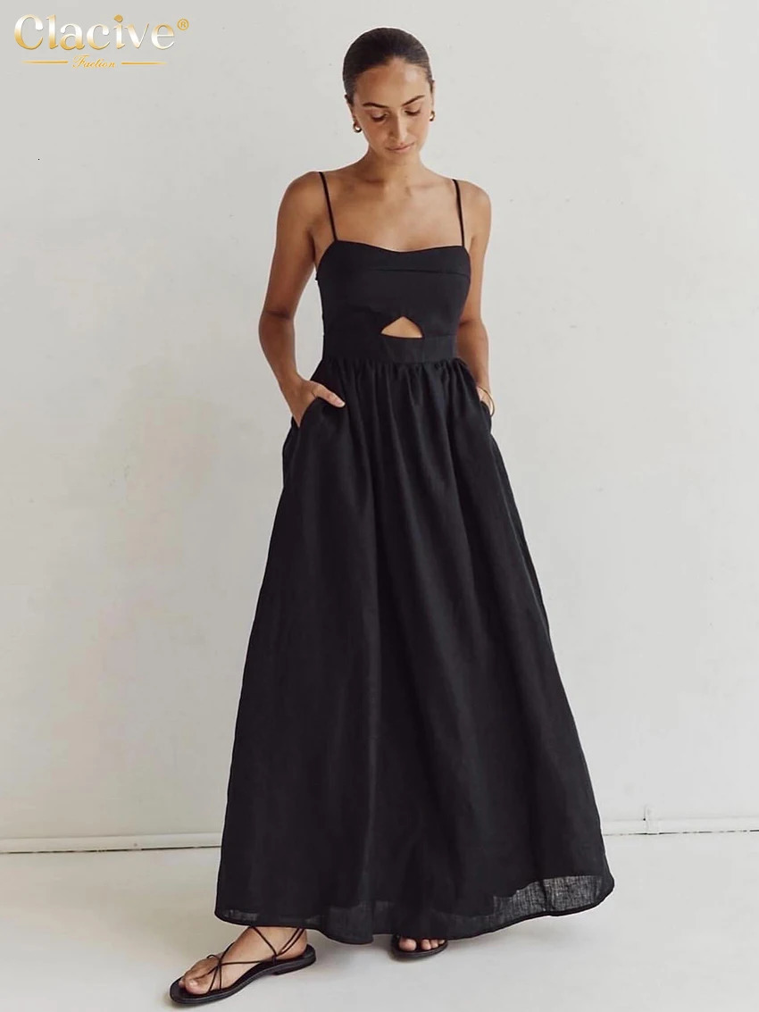 Clacive Sexy Loose Black Cotton Womens Dresses Summer Strap Sleeveless Ankle Length Dress Elegant Hollow Out Female 260611