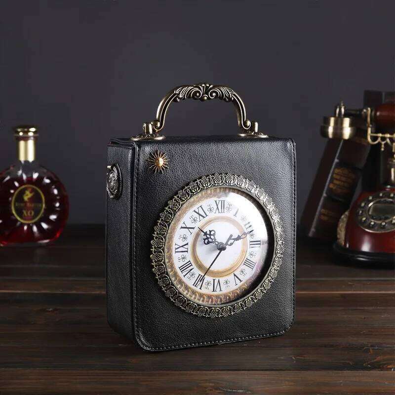 The new creative women's is retro hand-held crossbody with a real clock and small square bag embroidery