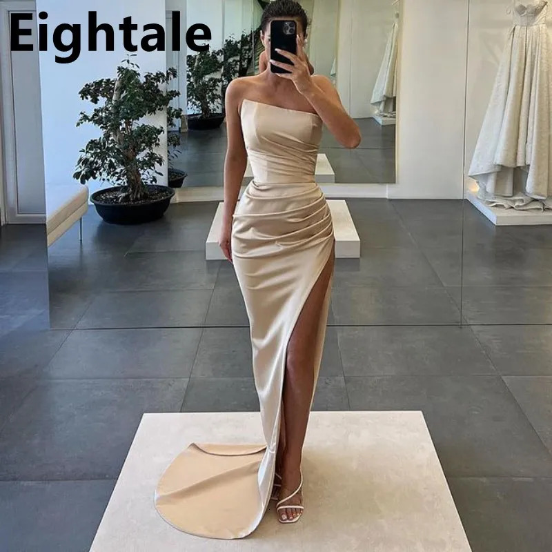 Eightale Champagne Satin Prom Dress Sexy Slit Evening Party Strapless Women Formal Gown Robes De Soire 260612