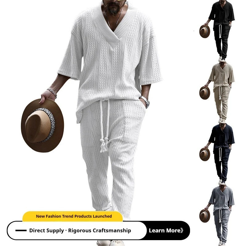 2026 Mens Knit Shirt Pants Set Loose Seven Sleeve Jacquard Casual Spring Summer European American Style Matching Outfit Clot 260612
