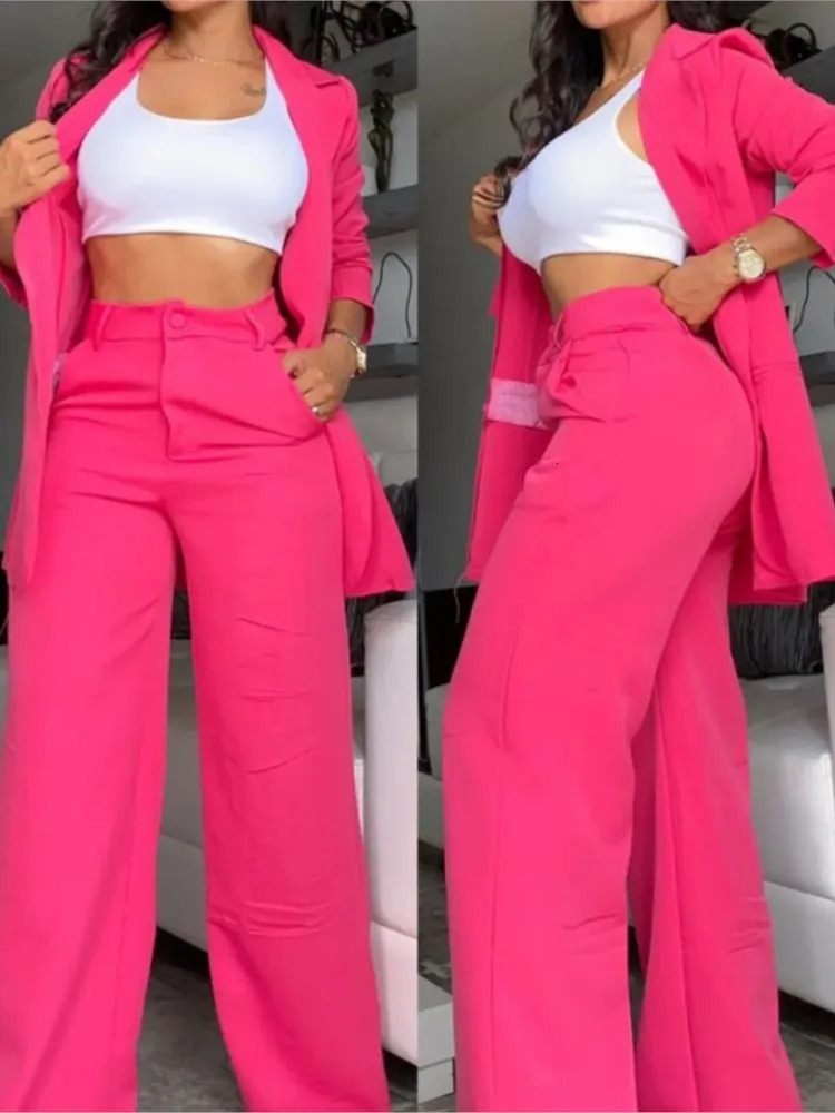Autumn Womens Fashion Solid Notched Collar Suit Two Piece Business Office Casual Elegant Womens Blazer Coat Trousers Set 260610