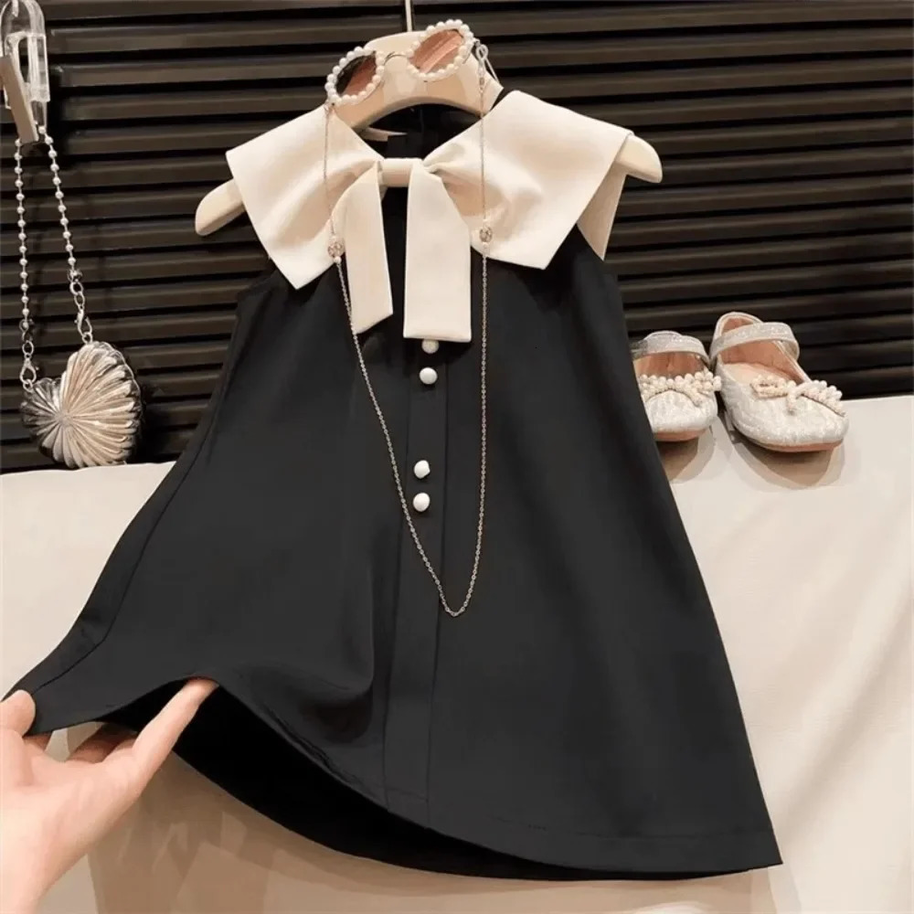 Korean Version Black Sleeveless Kids Clothes Summer Bow Decoration Girls Dress Birthday Party Princess Dresses 2-7 Years Old 260611