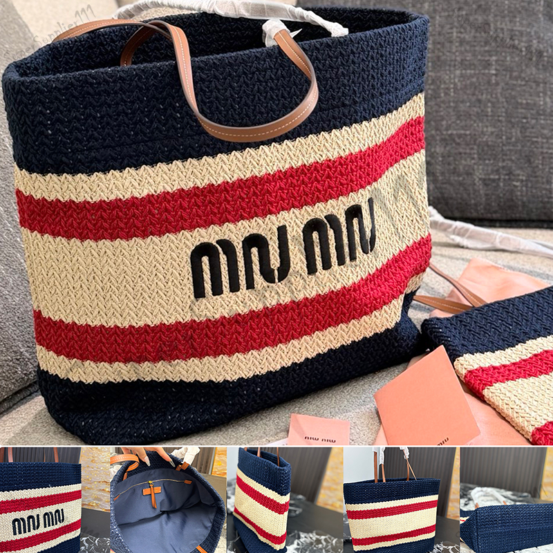 triped Straw Woven Tote Bag Striped Straw Tote Bag Designer Inspired MM letter Large Capacity Beach Handbag Women's Summer Woven Shoulder Purse