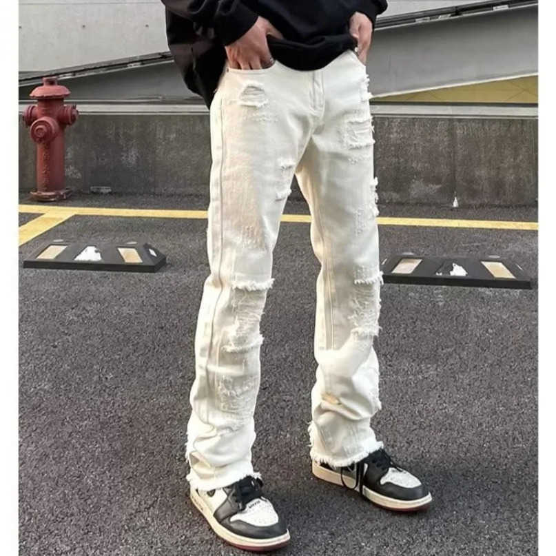 Slimming Black Straightleg Jeans Mens American Style Denim Trousers Fringe Detail S260612
