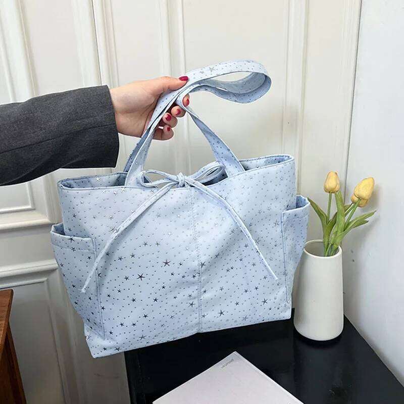 New Canvas Material Large Capacity Korean Style Shoulder Handbag Star Rhinestone Shopping Tote Bag Commute