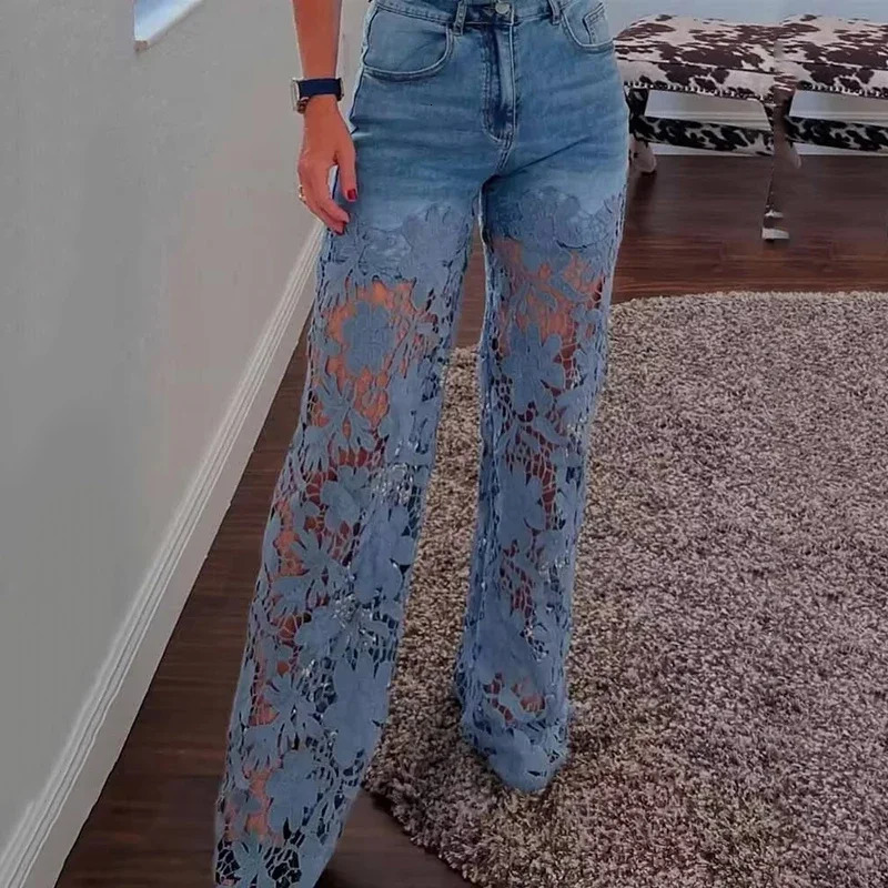 High Waist Wide Leg Jeans Pants Summer Fashionable Lace Splicing Hollow Out Denim Draping Ladies Cotton Zipper Spring 260612