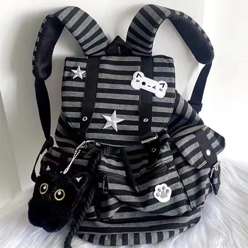 Korean Style Vintage Striped Backpack Y2k Casual Drawstring Student Bags Large Capacity Versatile Tote Kpop Womens Bag 260605