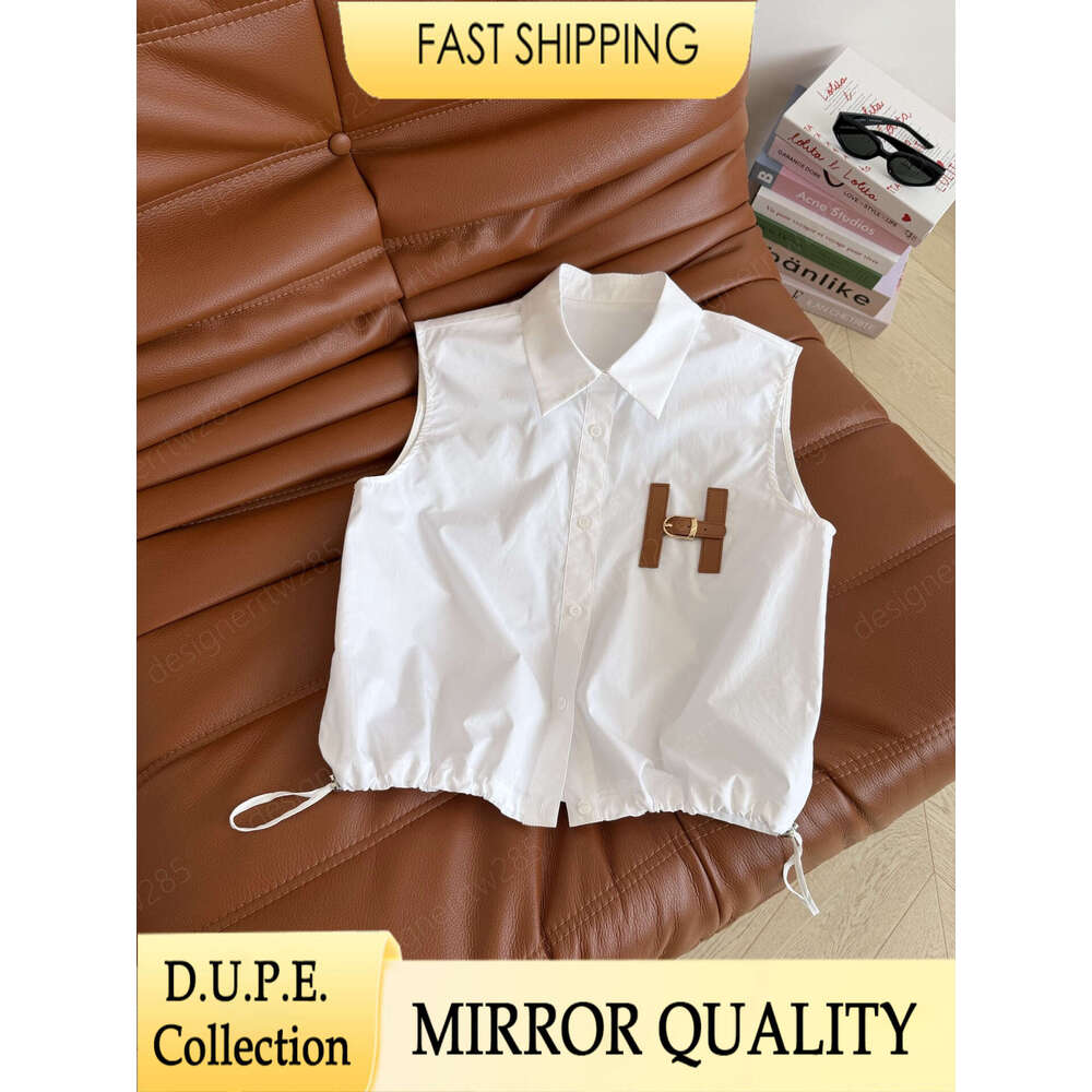 Designer White Shirt Vest with Leather H Buckle Badge Luxury Sleeveless Blouses Women Drawstring Cropped Tops Summer Outfits Camisole Ladies Chem