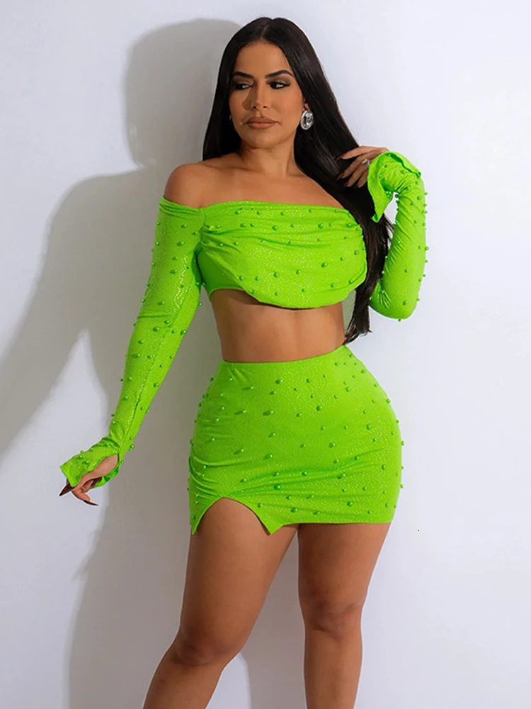 HBLL Sexy Women Top Bodycon Skirt Ruched 2 Piece Mini Dress Rhinestone Pearl Beading Summer Club Party Sets Vestido 260611