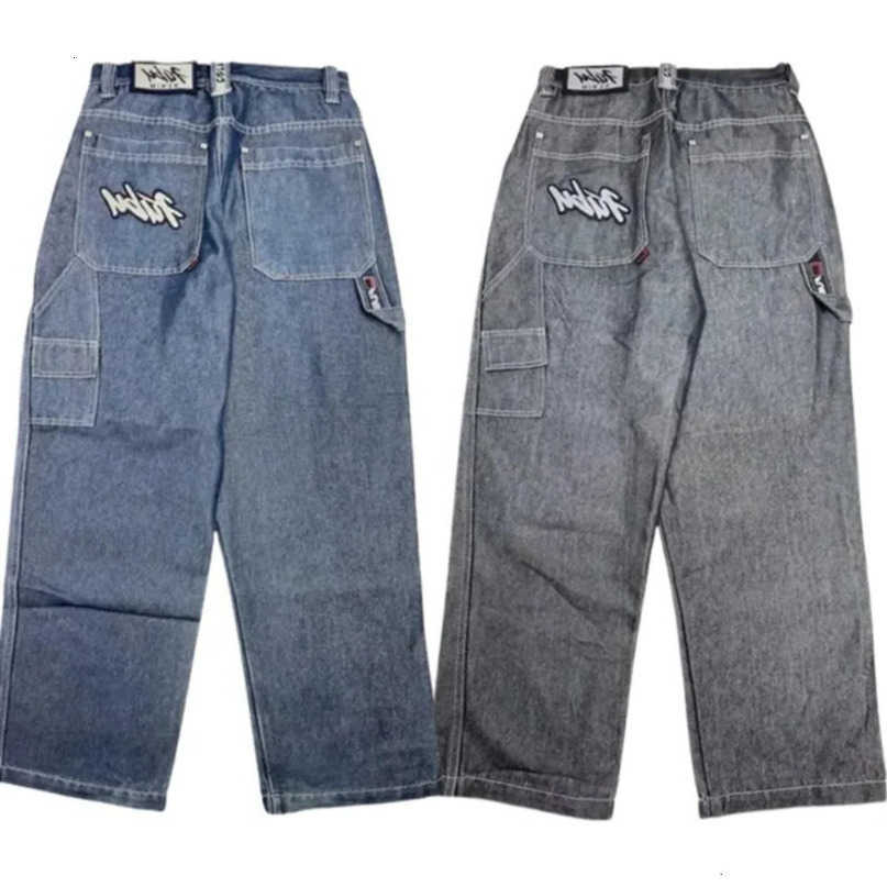 mens Strt and jeans Y2K Harajuku 90s letters inlaid blue retro loose Gothic high waisted pants S260612