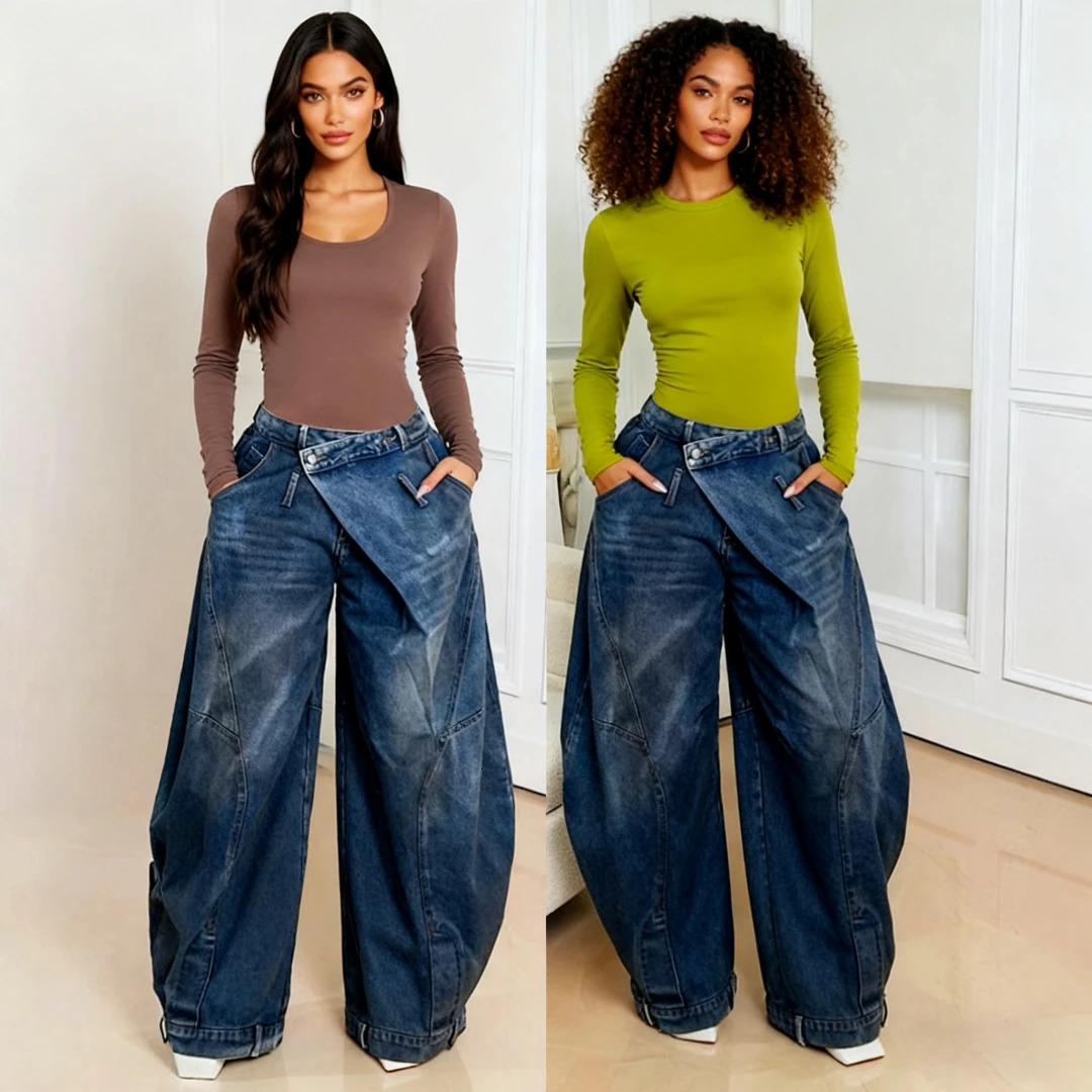 Wide Leg Pant Vintage Denim Jeans Punk Style Loose Trousers Stretch Mid Waist Washed Distressed 2026 Mom Streetwear 260609