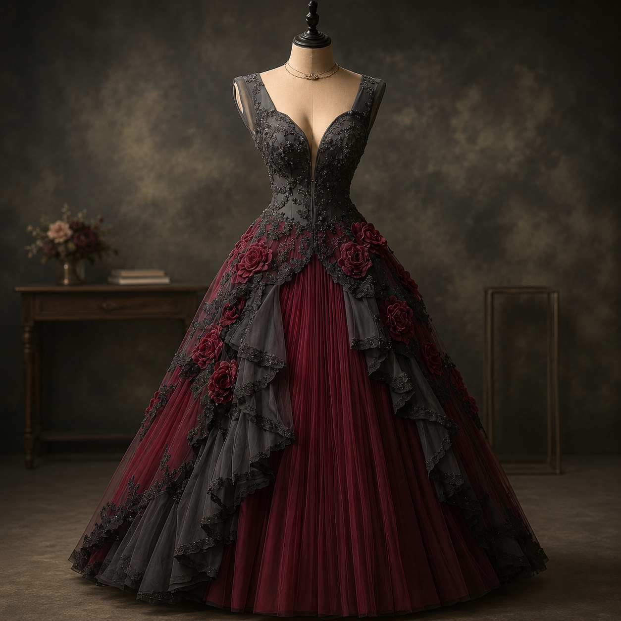 Vintage Black Burgundy Gothic Wedding Dresses V Neck Sleeveless 3D Rose Floral Lace Appliques Ruffle Tulle Bridal Gown Customized Retro Vestidos De