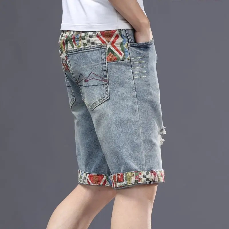 Elastic fivepoint denim shorts mens summer embroidery Korean version loose straight slim casual 260611