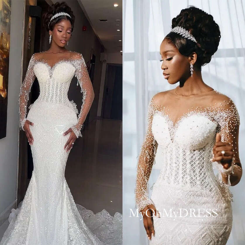 Elegant Wedding Beading Rhinestone Bridal Gowns Detachable Train Long Sleeves Princess Bride Dress Plus Size Custom Made Vestidos De Novia 4D15 Y612