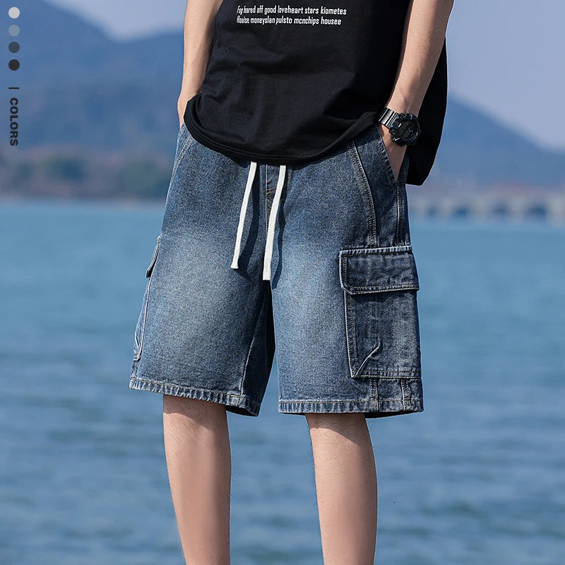 Vintage Blue Mens Denim Shorts Summer Large Pocket Loose Wide Leg Cargo Jeans Knee Length Elastic Waist Casual 260609