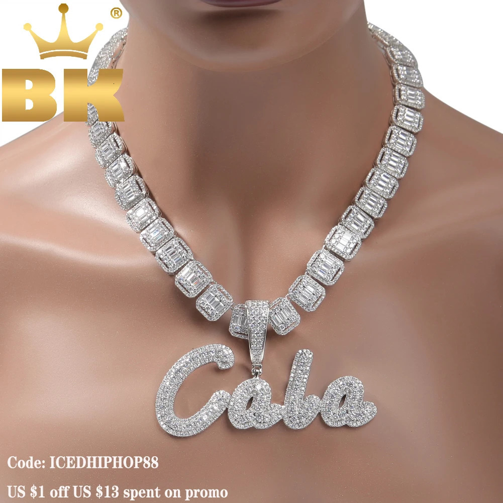 THE BLING KING Custom Brush Script Letter Two Tone Pendant Micro Paved CZ Personalized Name Plate Necklace Hiphop Jewelry 260611